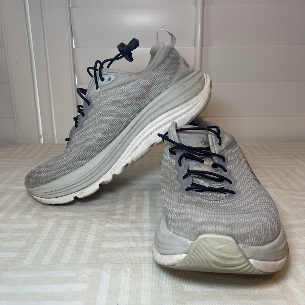Hoka One One Womens 8D Gaviota 5 Running‎ Sneakers Grey Knit Low Top Lace Up